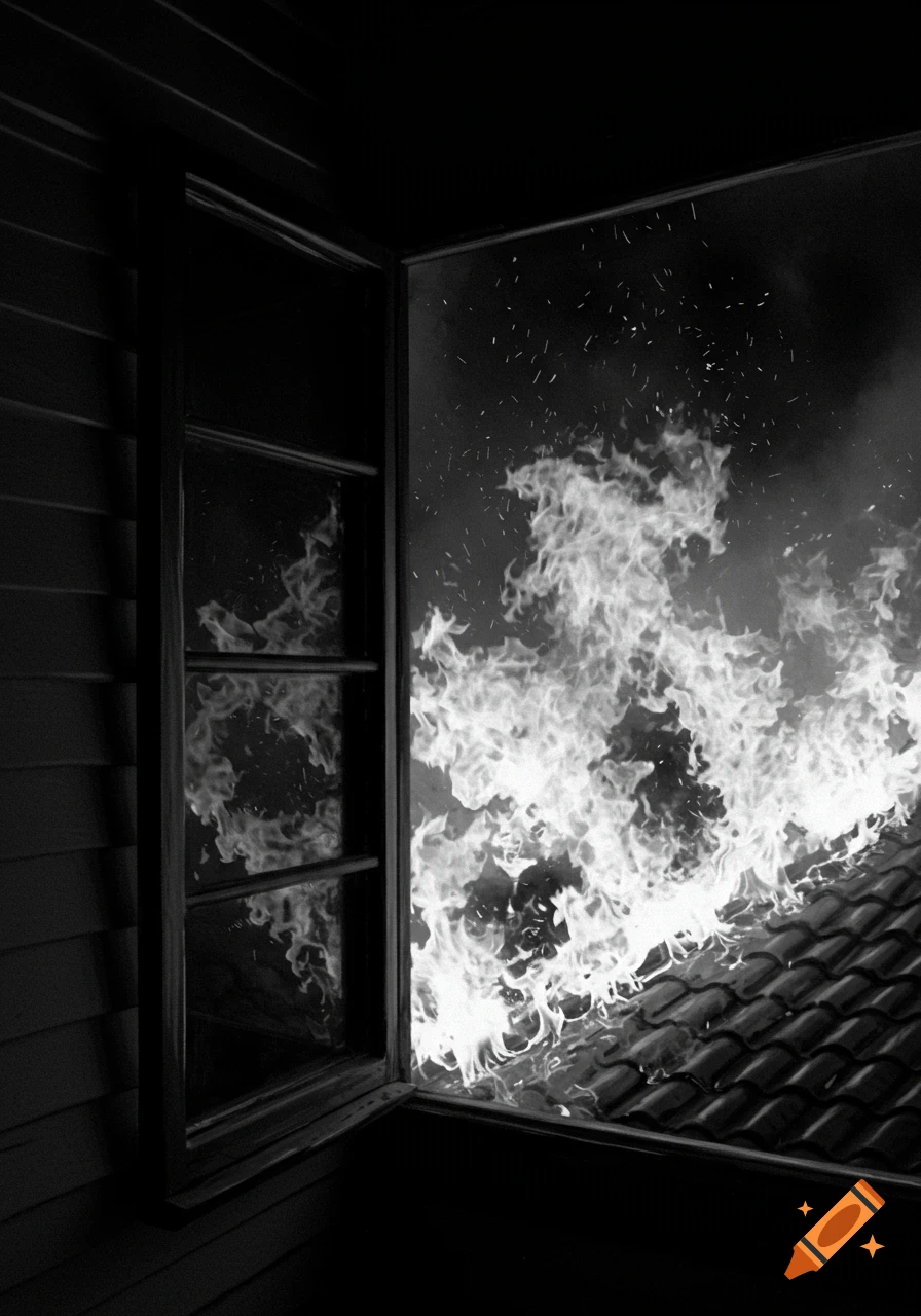 Black and white image of large flames erupting from a building's roof, viewed from inside an open window.