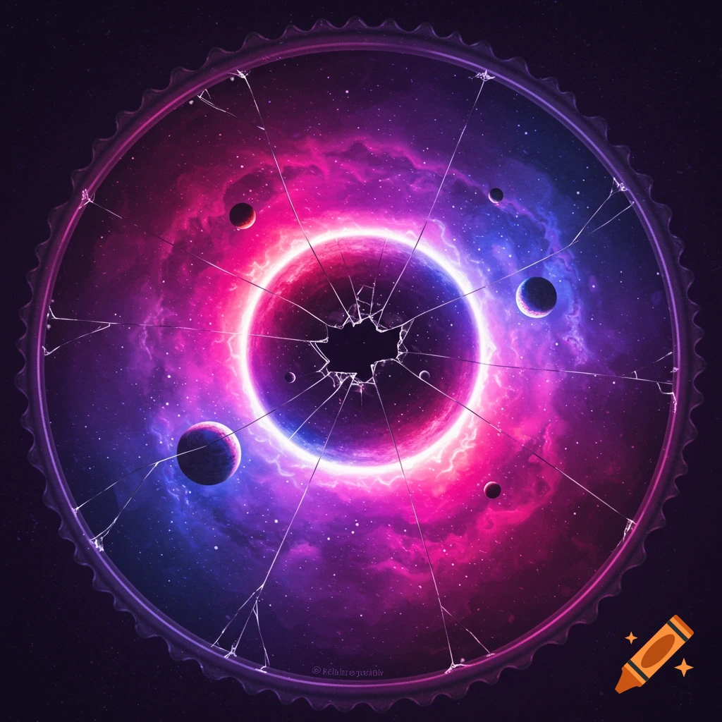 Space with planets and a nebula is seen through a broken round frame with a glowing central eclipse.