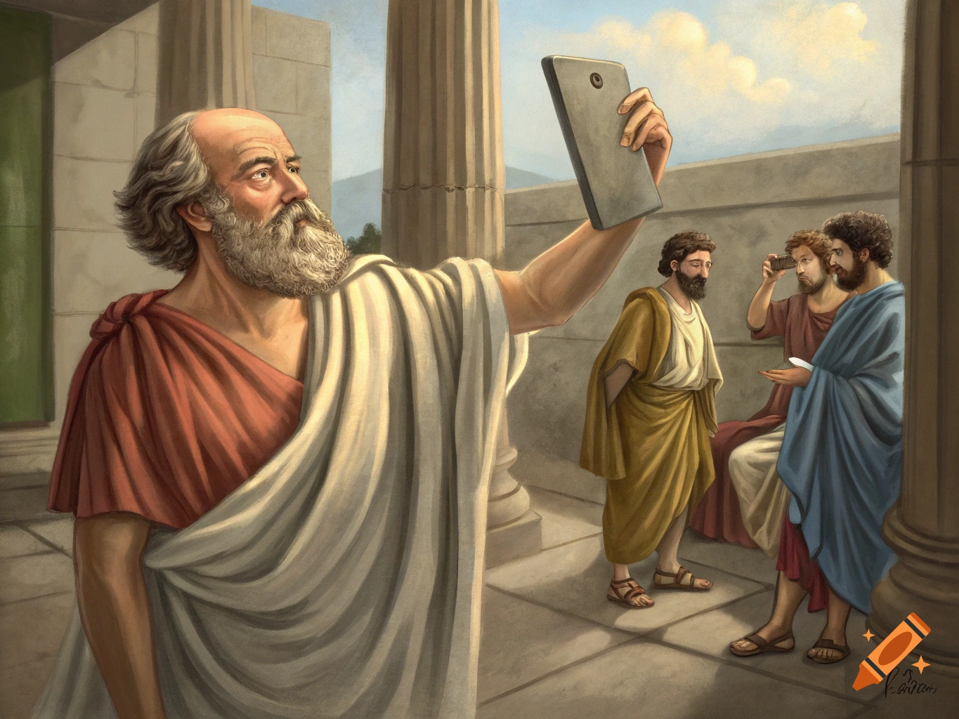 Painted illustration of Socrates taking a selfie with a phone while other ancient Greeks watch
