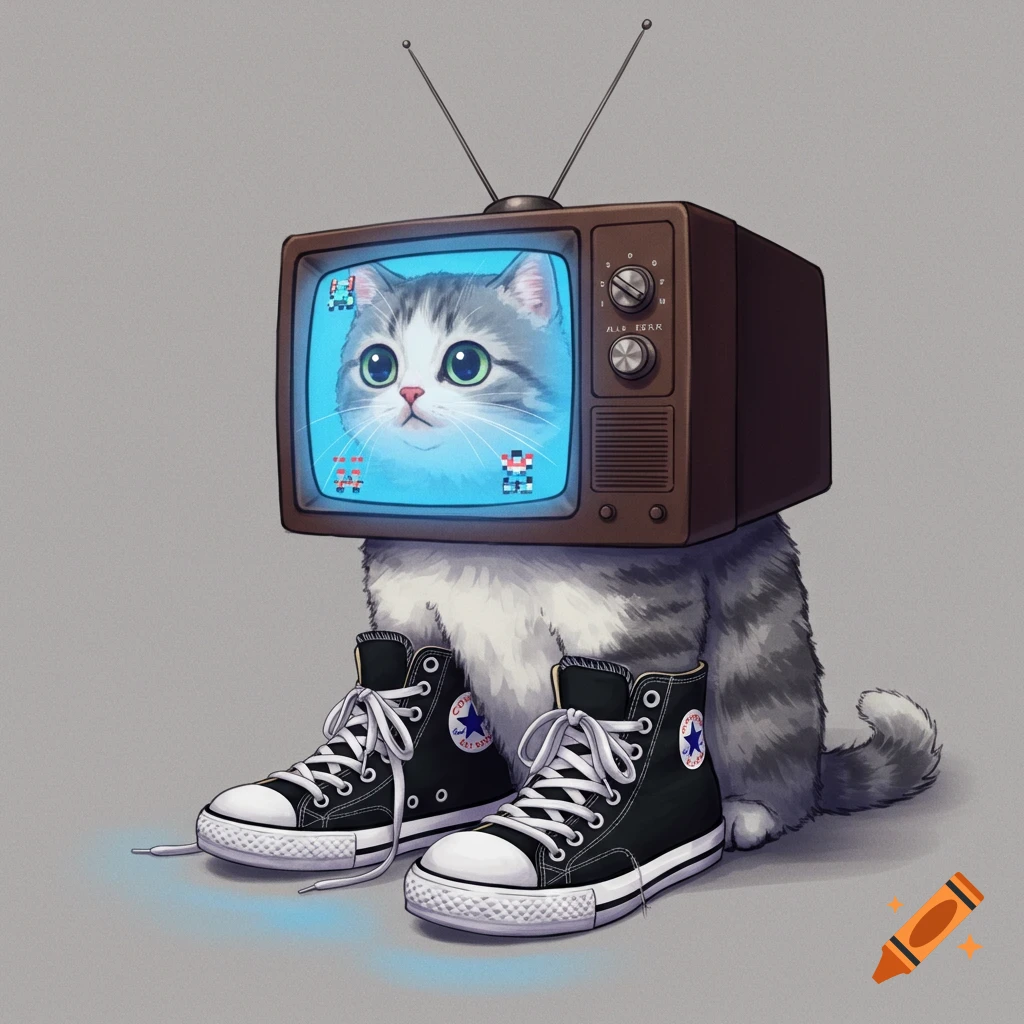 A cat with a television for a head, wearing black Converse shoes.