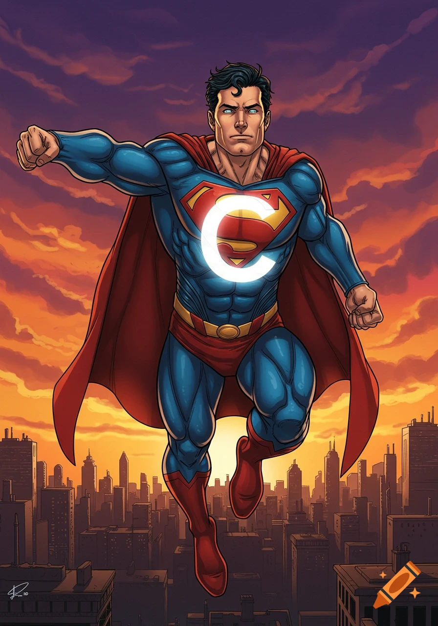 Superman flying over a city at sunset with a glowing C on his chest.