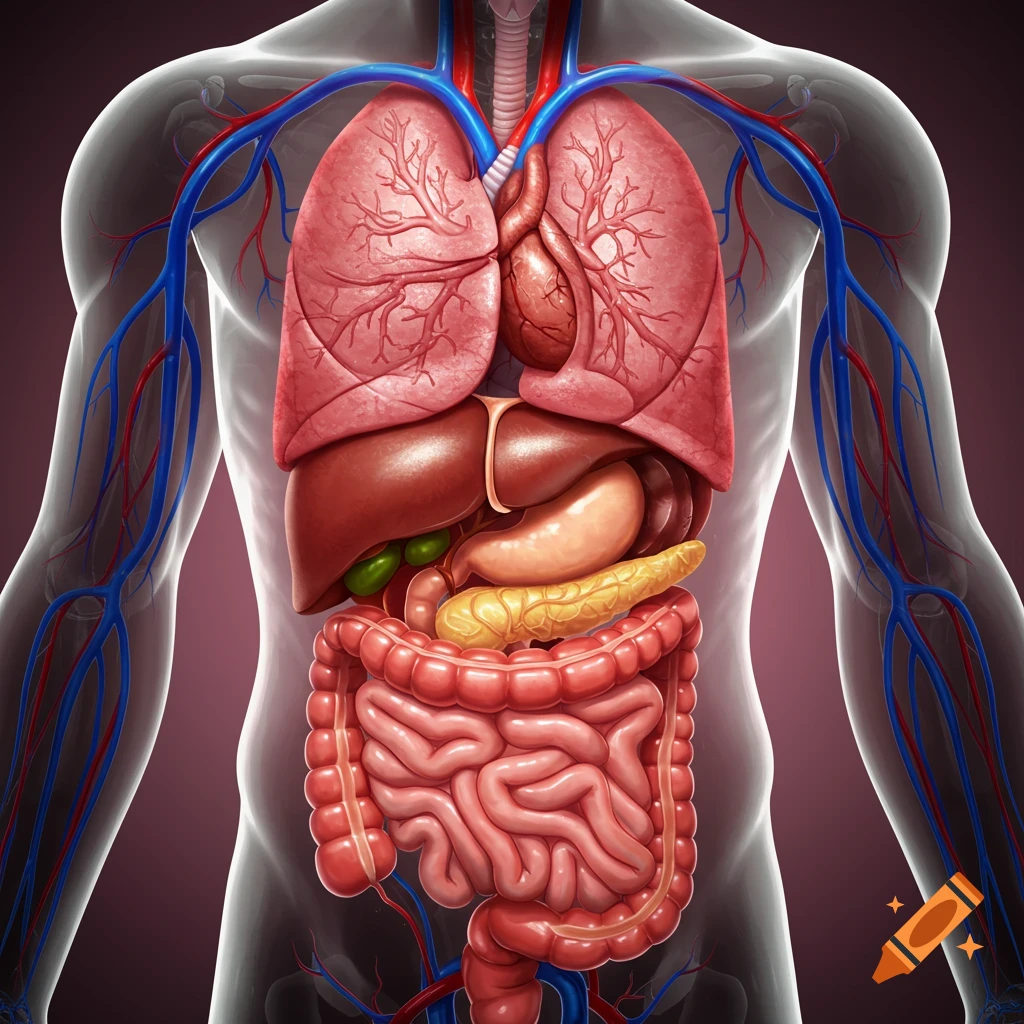 An illustration of the human torso, showing internal organs and blood vessels.