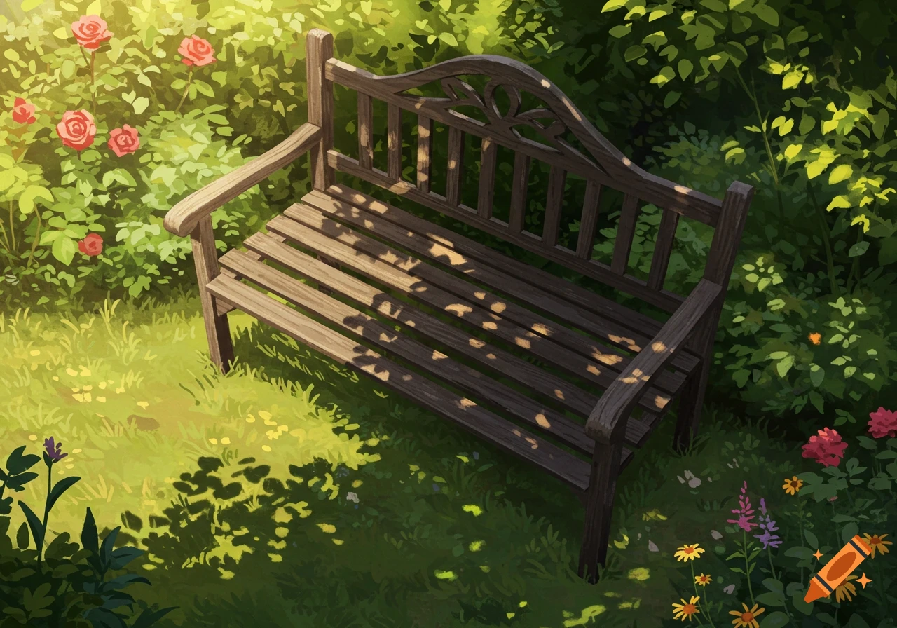 A wooden garden bench seen from above, dappled with sunlight, surrounded by plants and flowers.