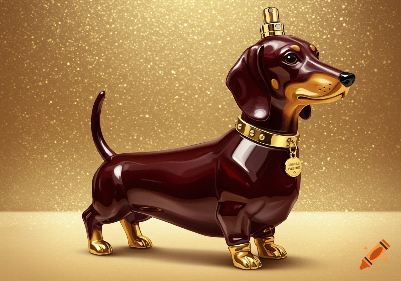 A glossy brown dachshund-shaped perfume bottle with gold accents and a gold tag stands against a sparkling gold background.