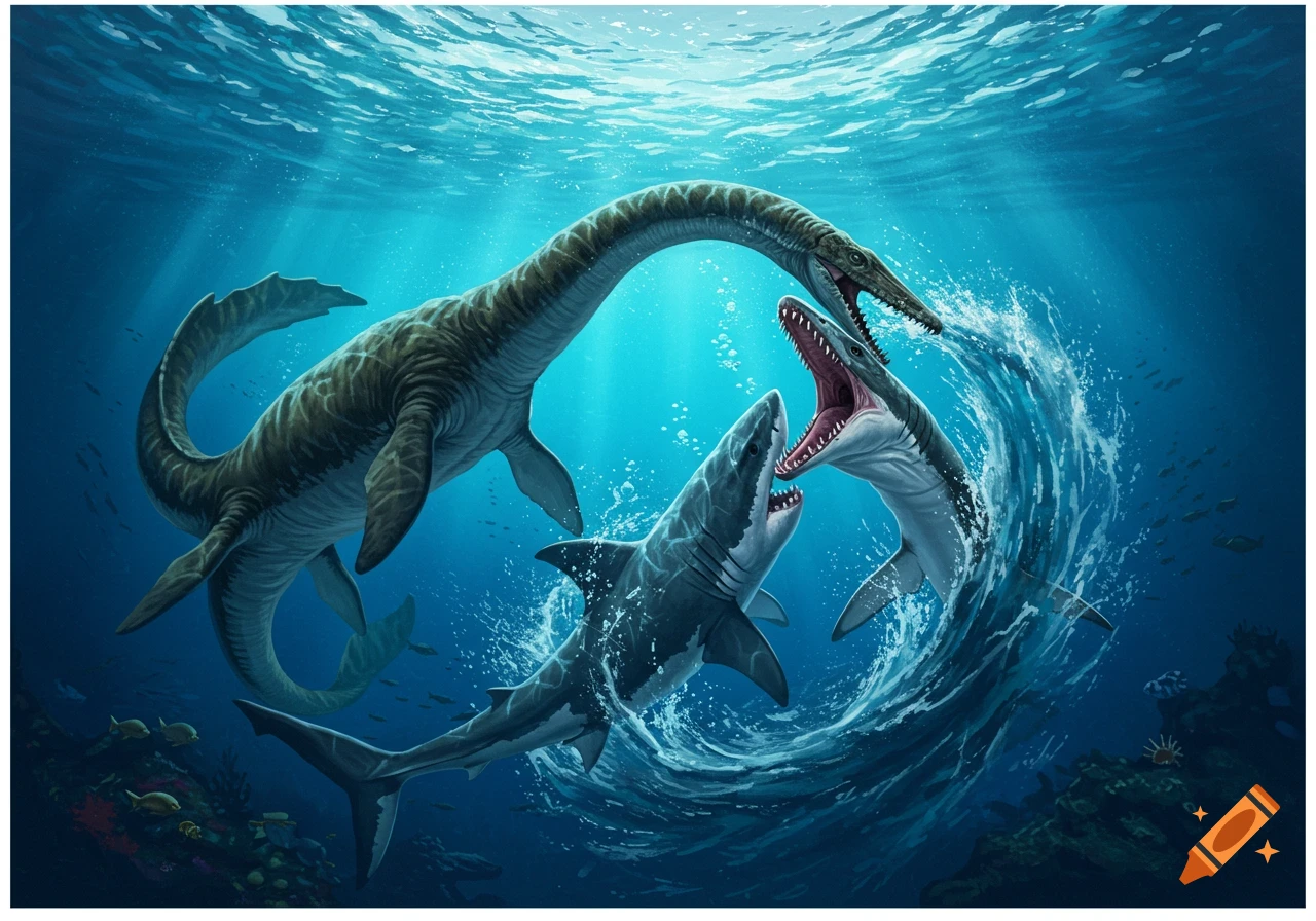 A dinosaur and a shark fight underwater.