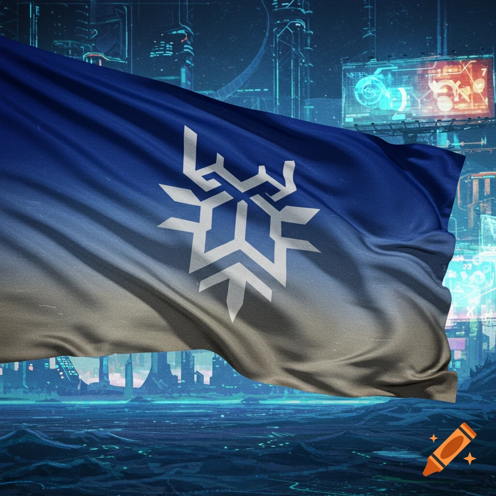 A flag with a white geometric symbol on a blue and grey gradient waves in front of a futuristic blue cityscape with glowing lights.