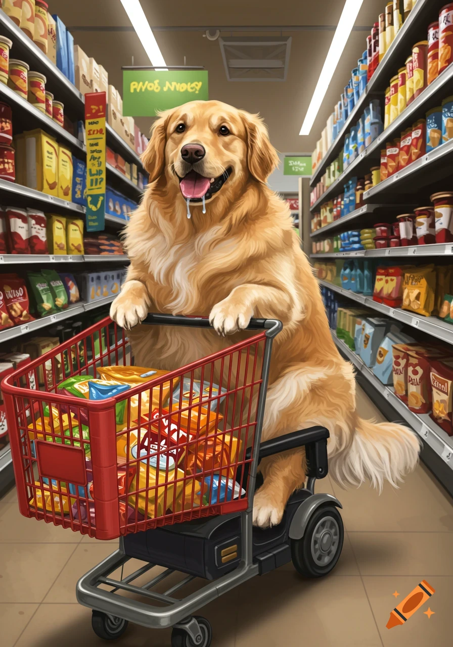 A golden retriever sits in an electric shopping cart full of groceries in a grocery store aisle.