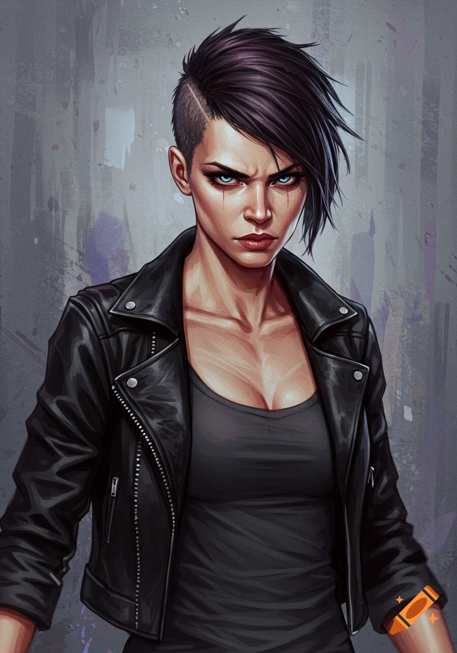 A tough woman with short dark hair and a leather jacket.