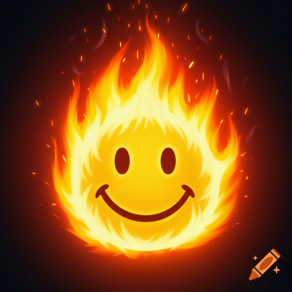 A smiley face engulfed in flames.