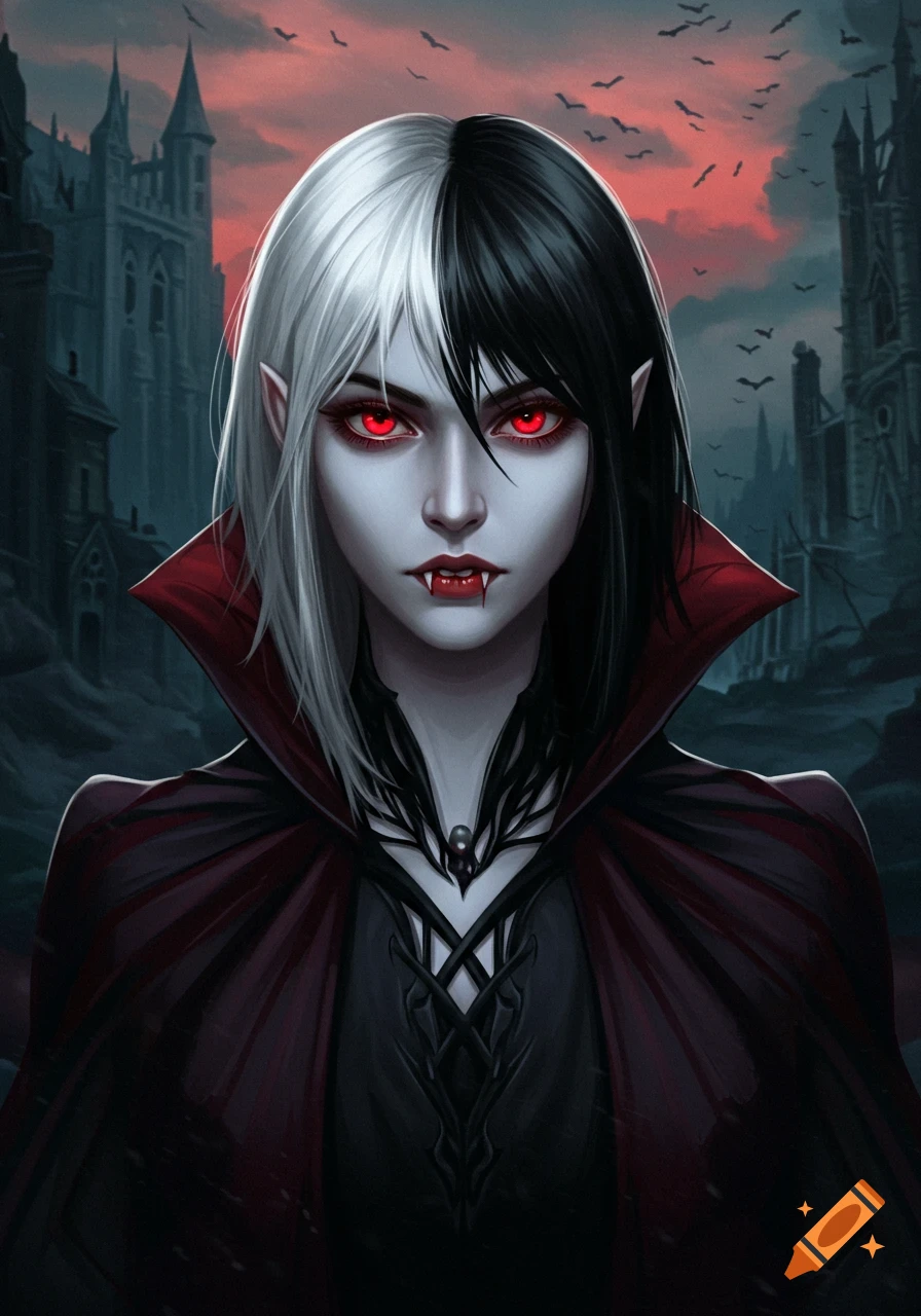 A female vampire with red eyes, black and white hair, fangs, and a dark cape against a gothic background.