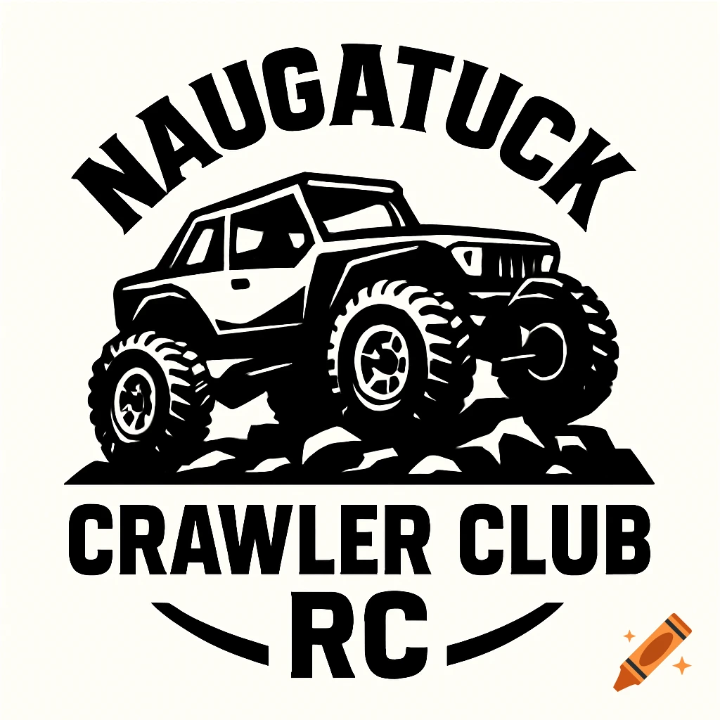 Black and white logo of an off-road crawler vehicle on rocks with text 'NAUGATUCK CRAWLER CLUB RC'.