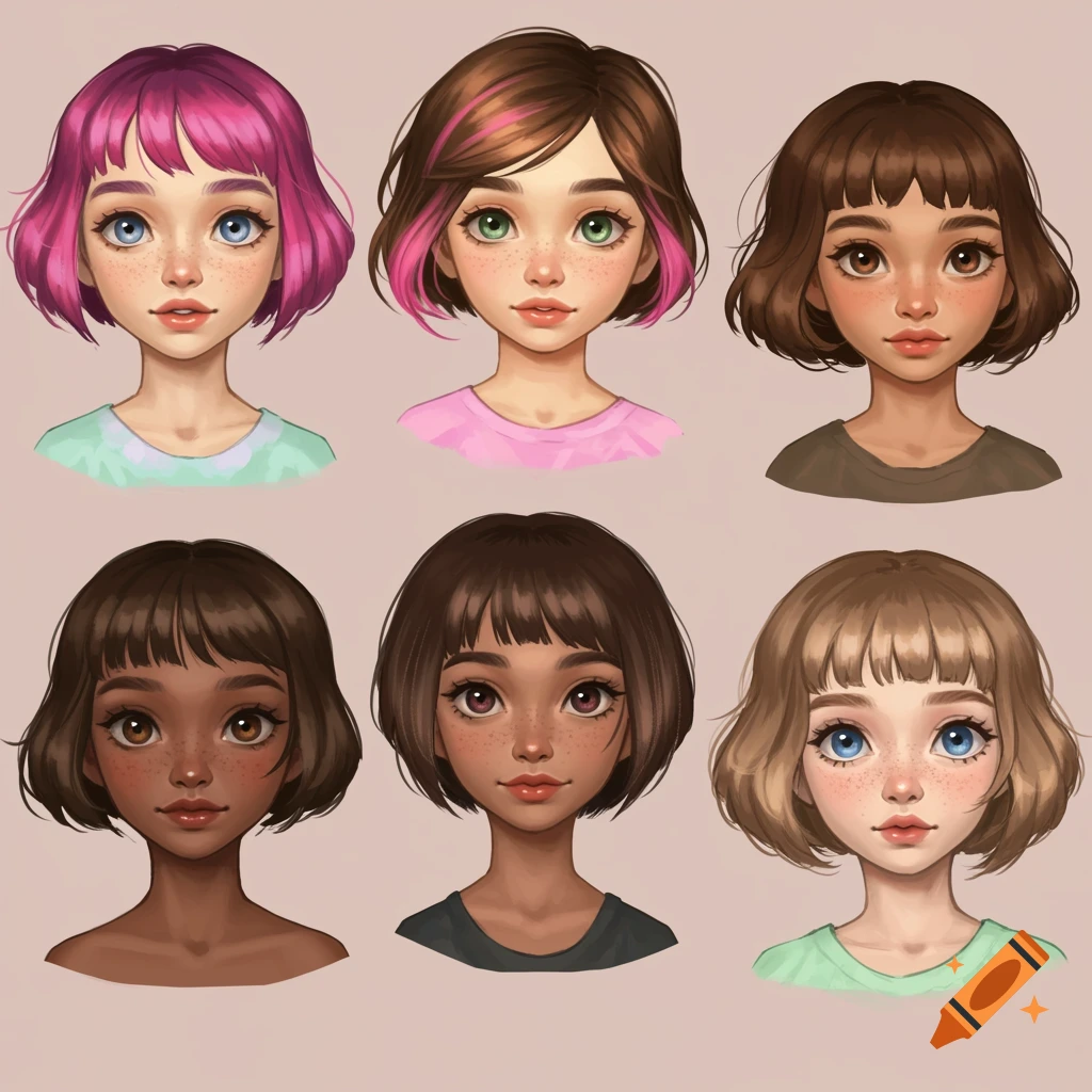 Six illustrated portraits of young girls with diverse appearances and short haircuts.