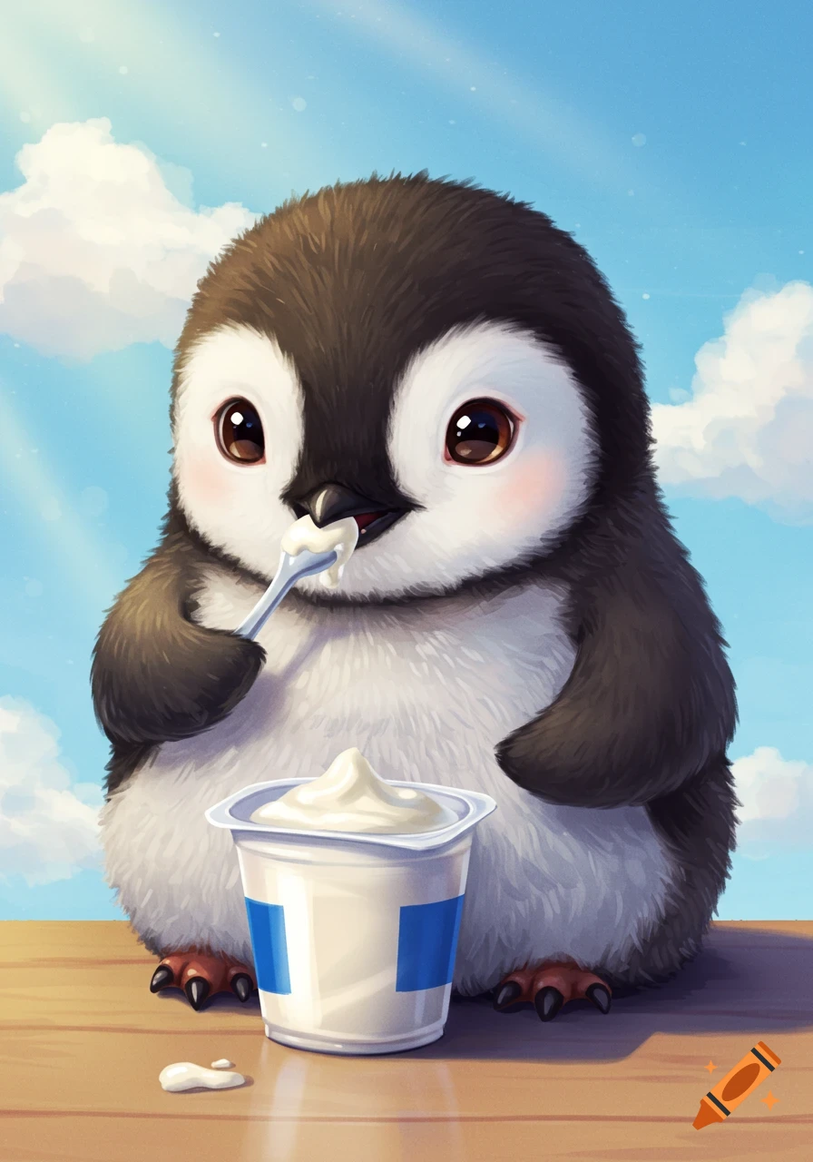 A cute fluffy baby penguin sits and eats yogurt from a cup with a spoon.