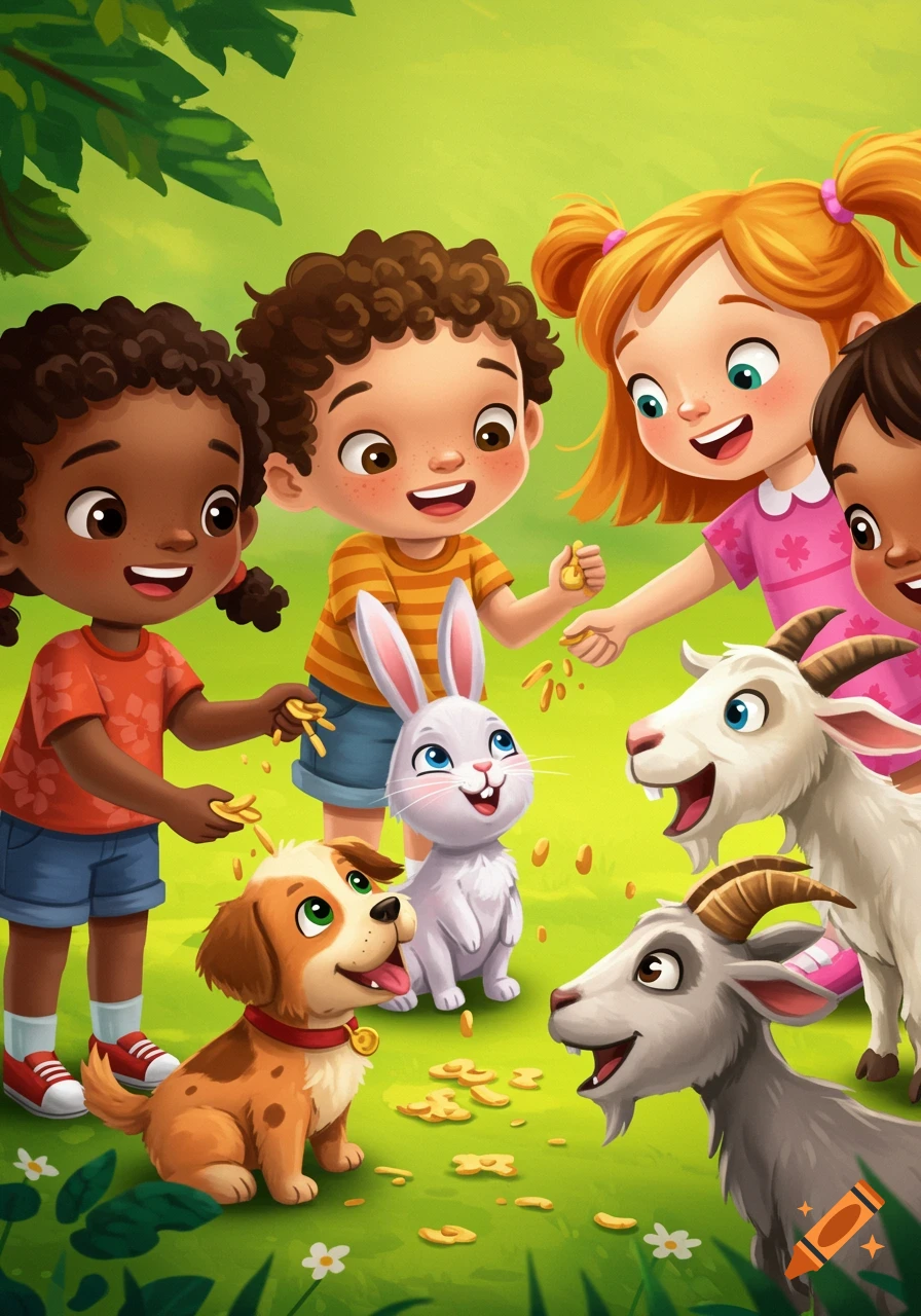 Cartoon of diverse children feeding a dog, rabbit, and goats in a sunny green field.
