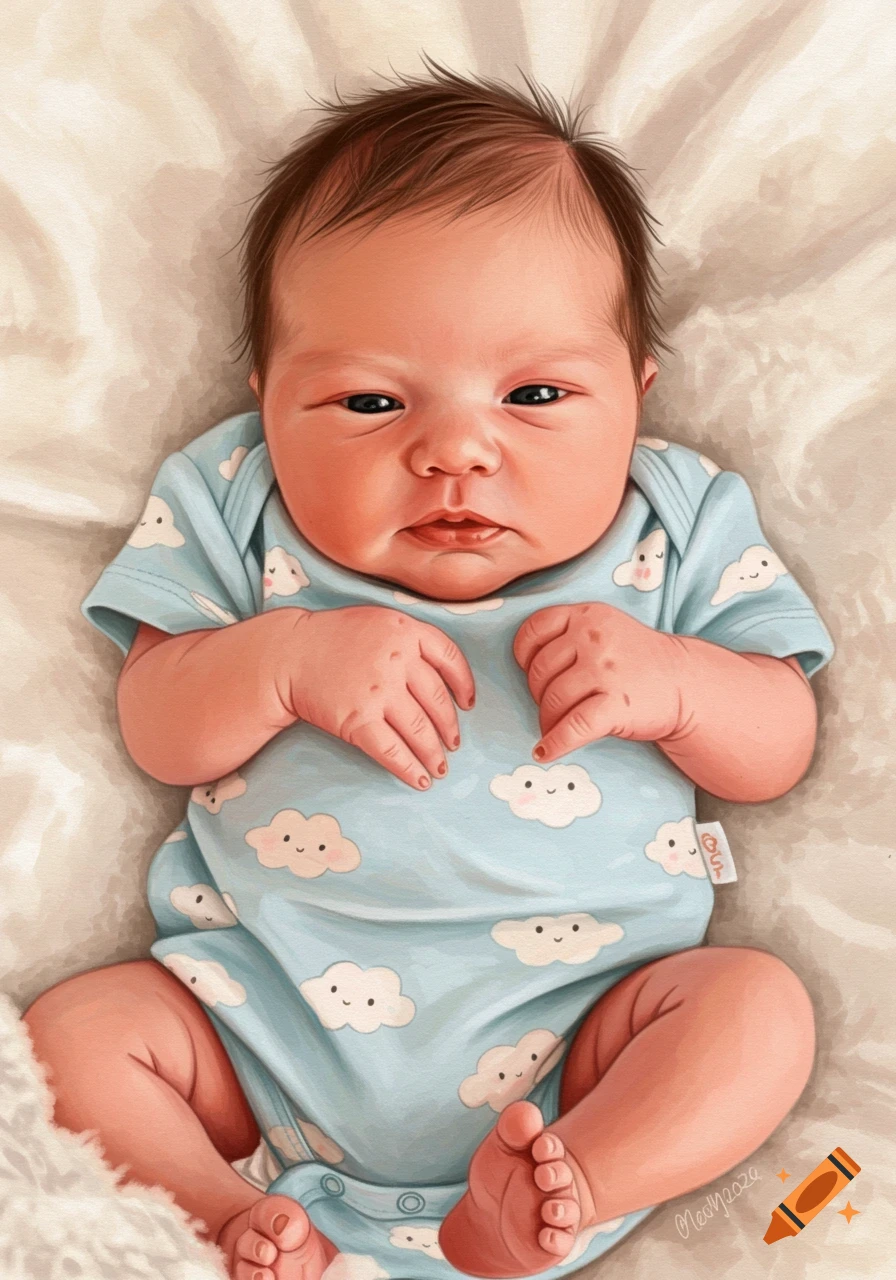 A newborn baby in a blue cloud onesie.