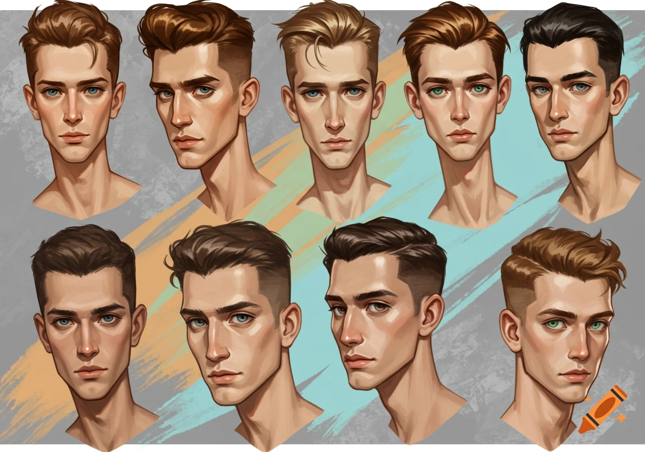 Paintings of young men with various hairstyles