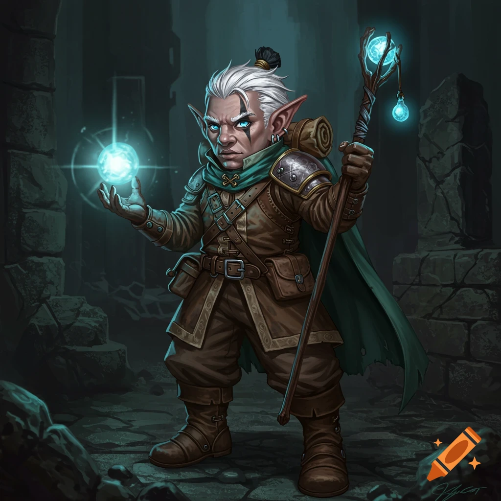 A deep gnome D&D character casting a magical orb in ruins.
