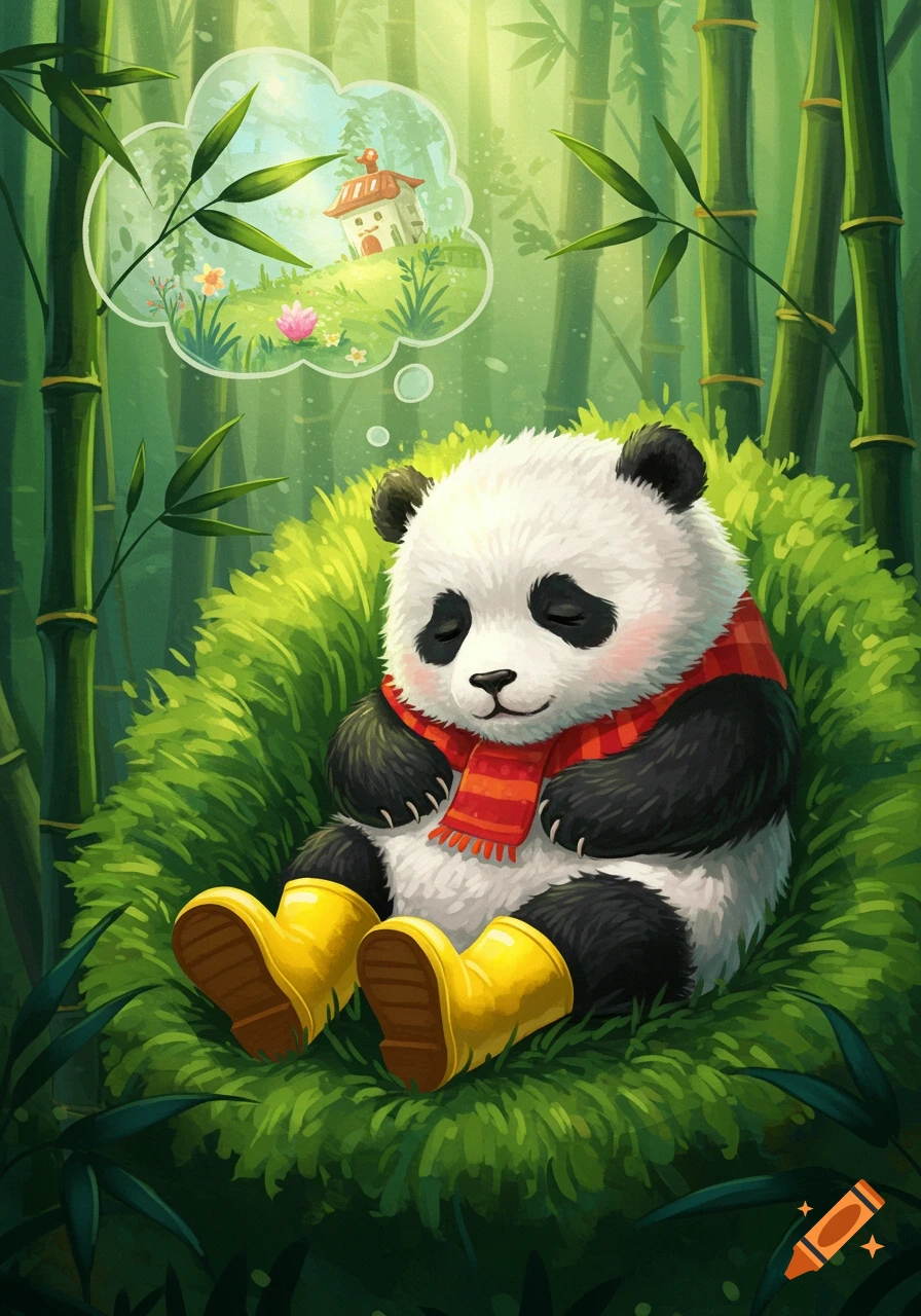 A sleeping panda cub in a bamboo forest wears a scarf and boots and dreams of a whimsical house.