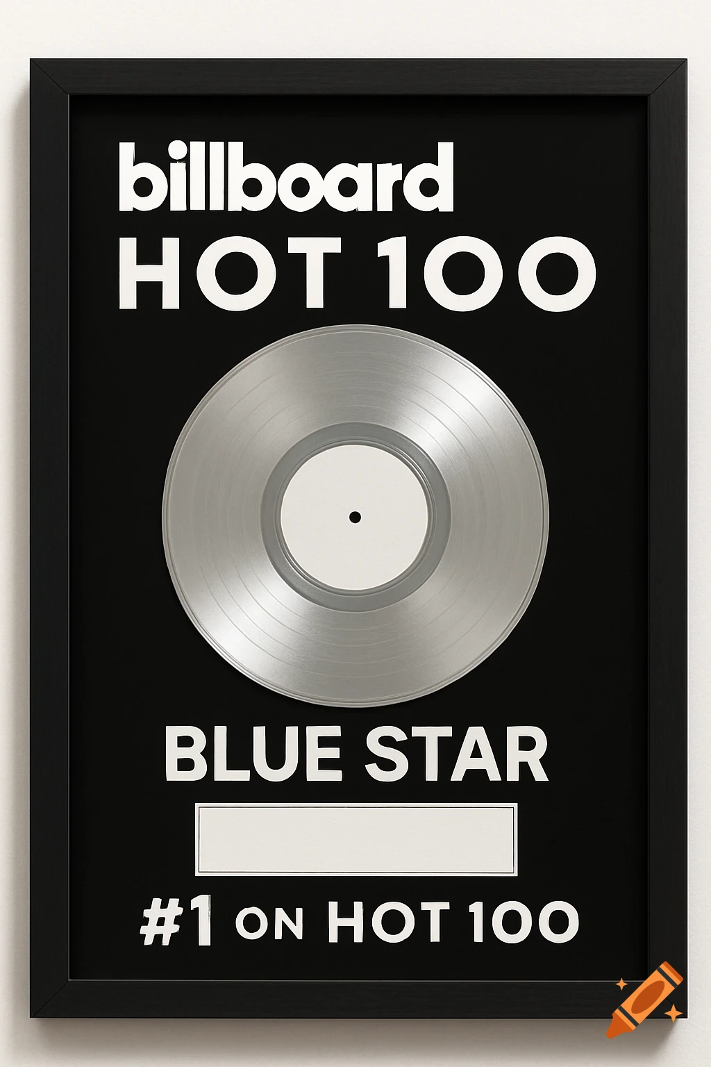A framed silver Billboard Hot 100 #1 award plaque for 'Blue Star', with a blank song title area.