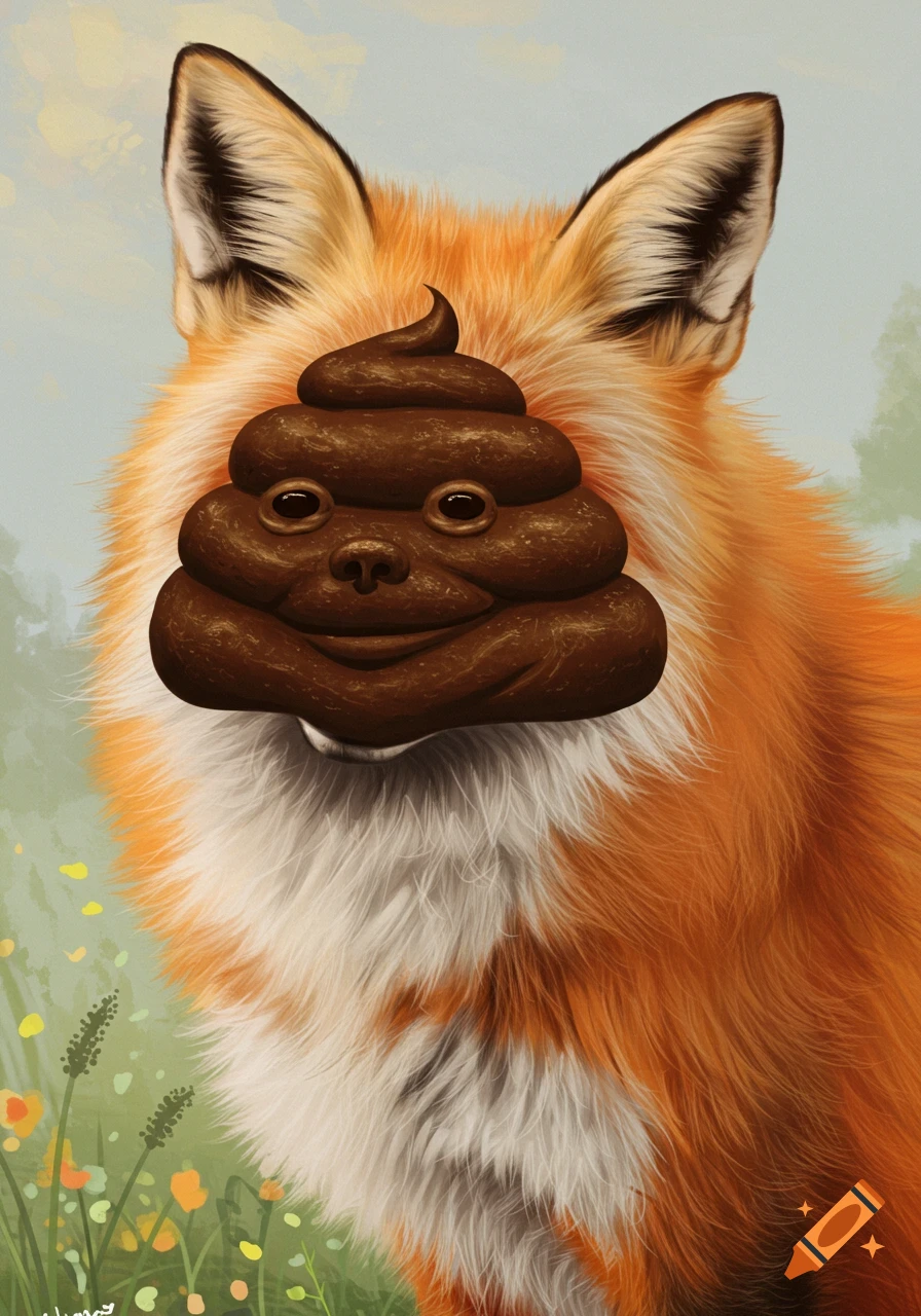 A fox in a field with a pile of feces shaped like a face on its head.