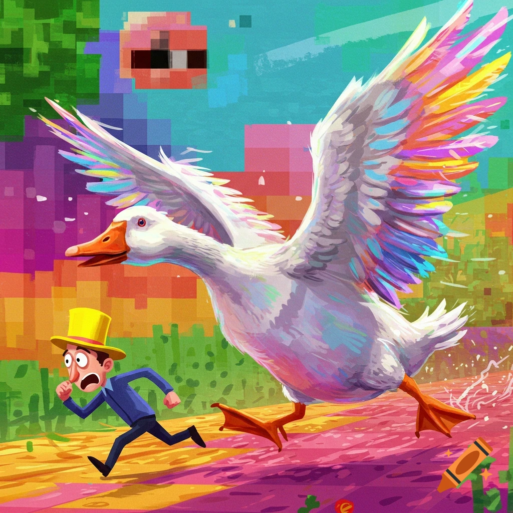 A giant white goose with rainbow wings chases a man in a yellow top hat through an abstract, colorful, pixelated video game world.