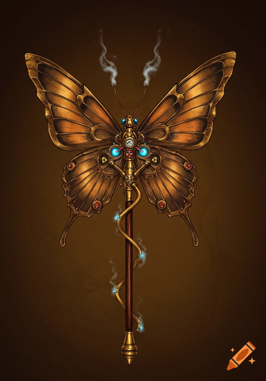 Detailed steampunk butterfly staff with glowing blue lights and steam vents.