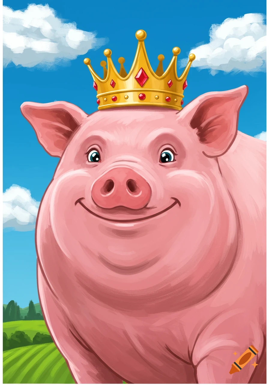 A cartoon pig wearing a gold crown is smiling in a field under a blue sky.