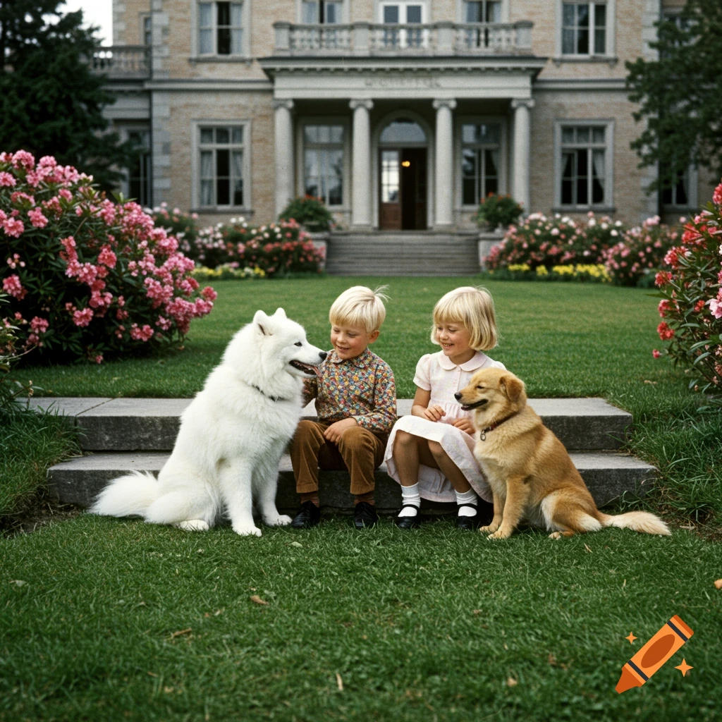 Two children and two dogs sit on steps in front of a mansion in a vintage photograph.