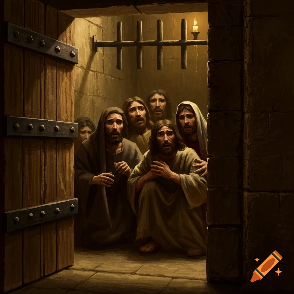 A group of men looking scared, huddled in a dark, locked room with a door slightly ajar.