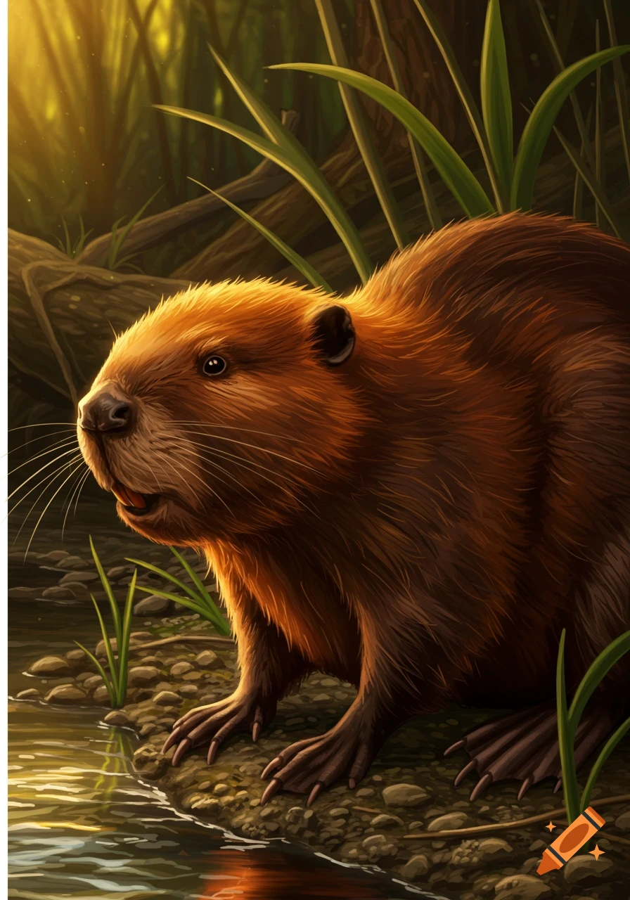 A beaver is by a stream in a forest.