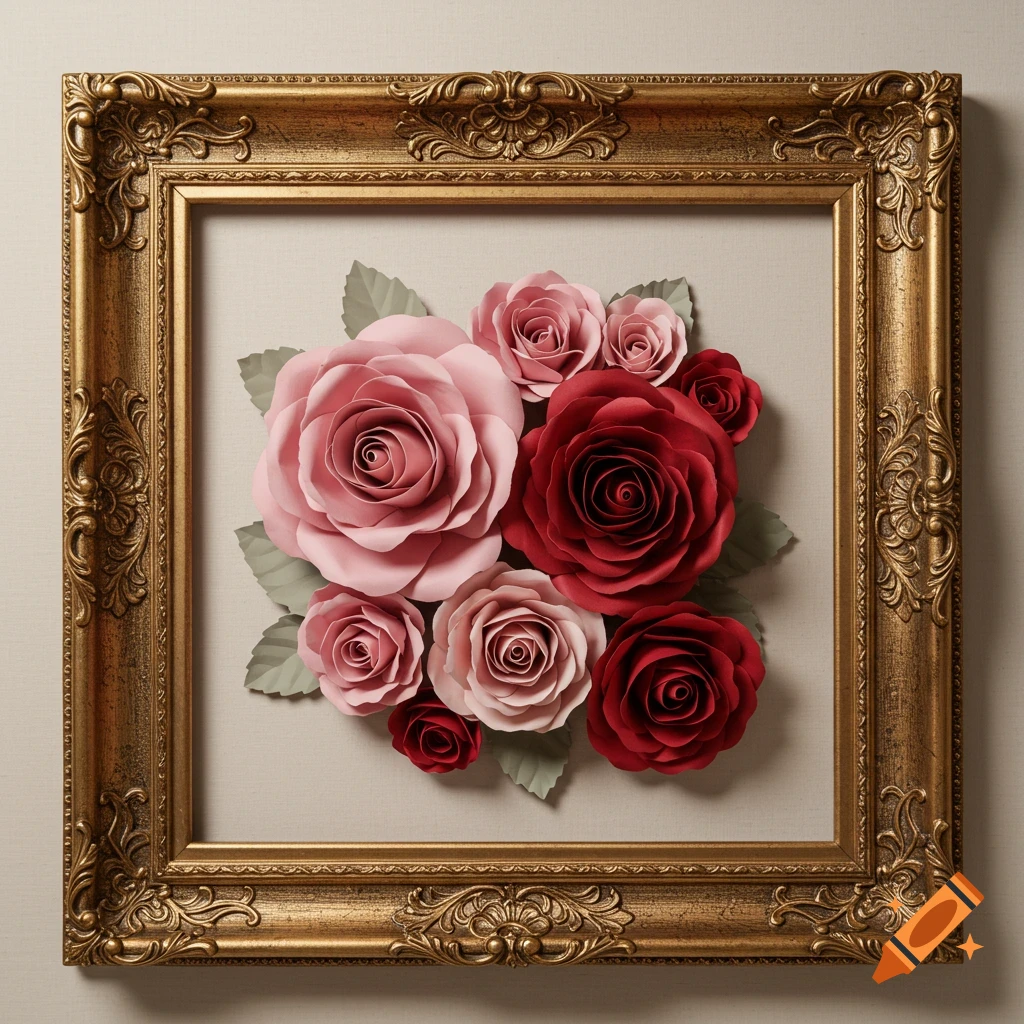 Paper roses in pink and red within an ornate gold frame.