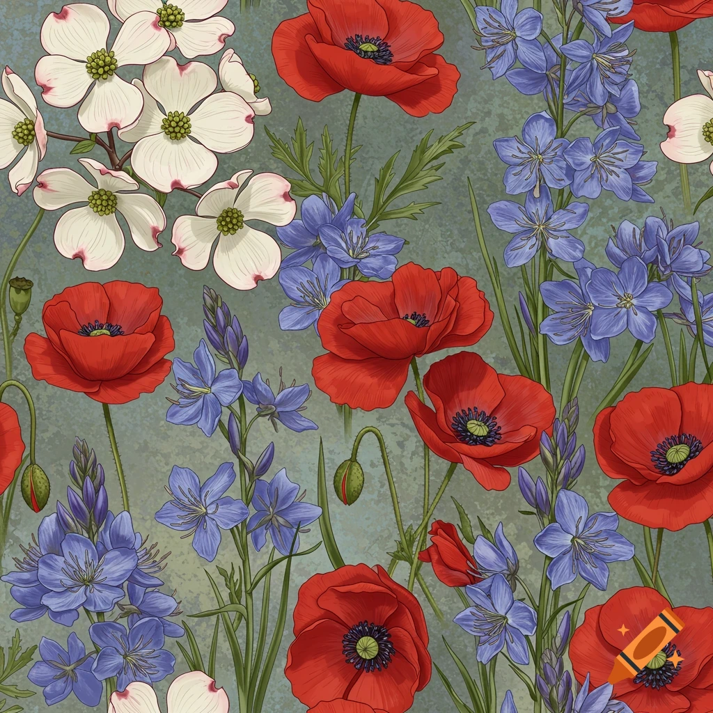 A seamless floral pattern with red poppies, white dogwood flowers, and blue camas flowers on a textured background.