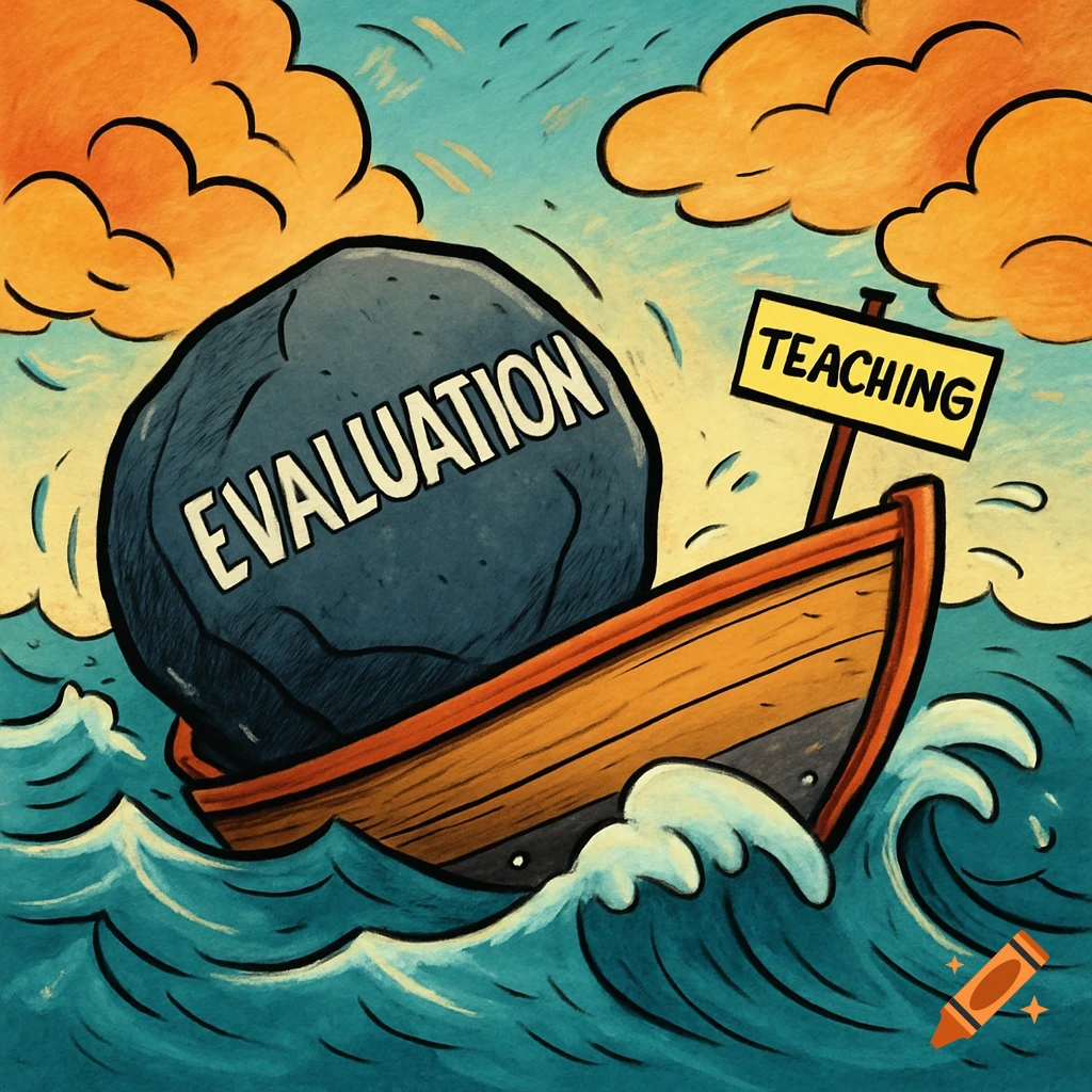 Cartoon illustration of a boat sinking under a stone labeled 'Evaluation', with a sign for 'Teaching' on a rough sea.