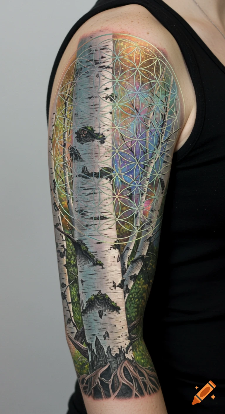 Forearm tattoo of birch trees with a cosmic background overlaid by a white Flower of Life symbol.