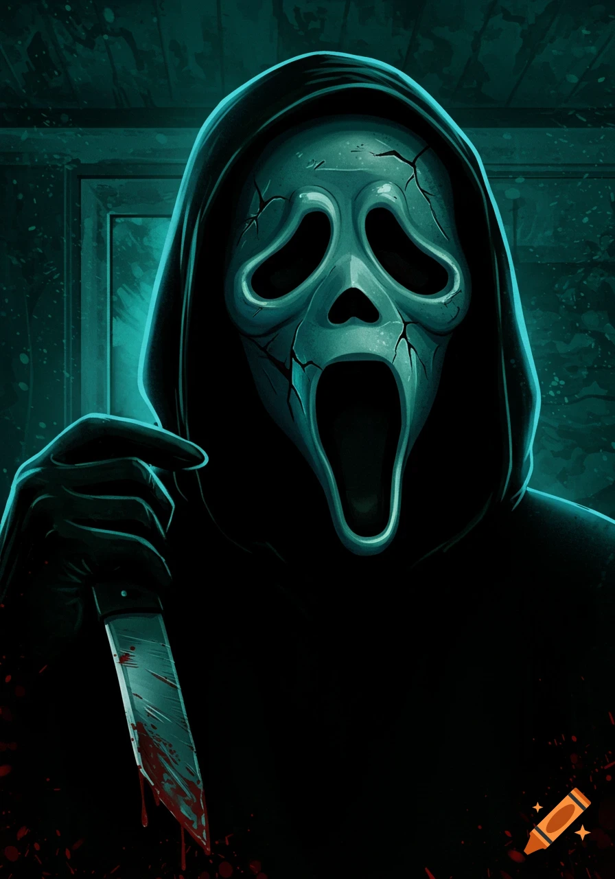 Ghostface from Scream holding a bloody knife.