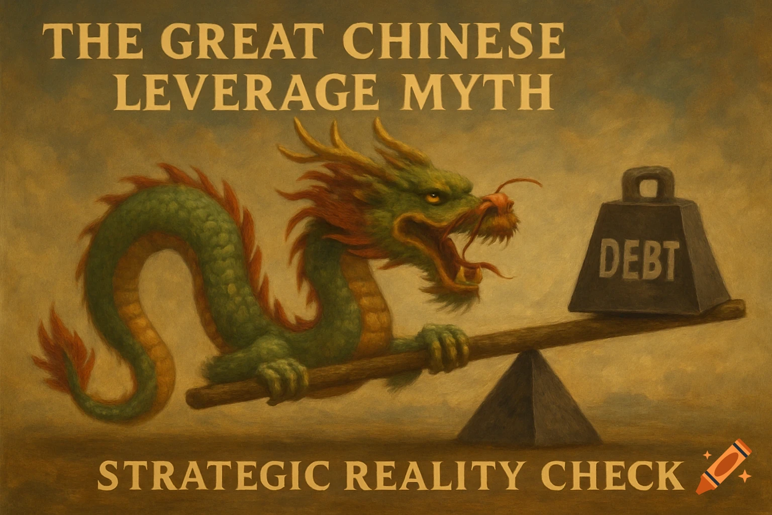A Chinese dragon balancing a large weight labeled 'DEBT' on a scale.