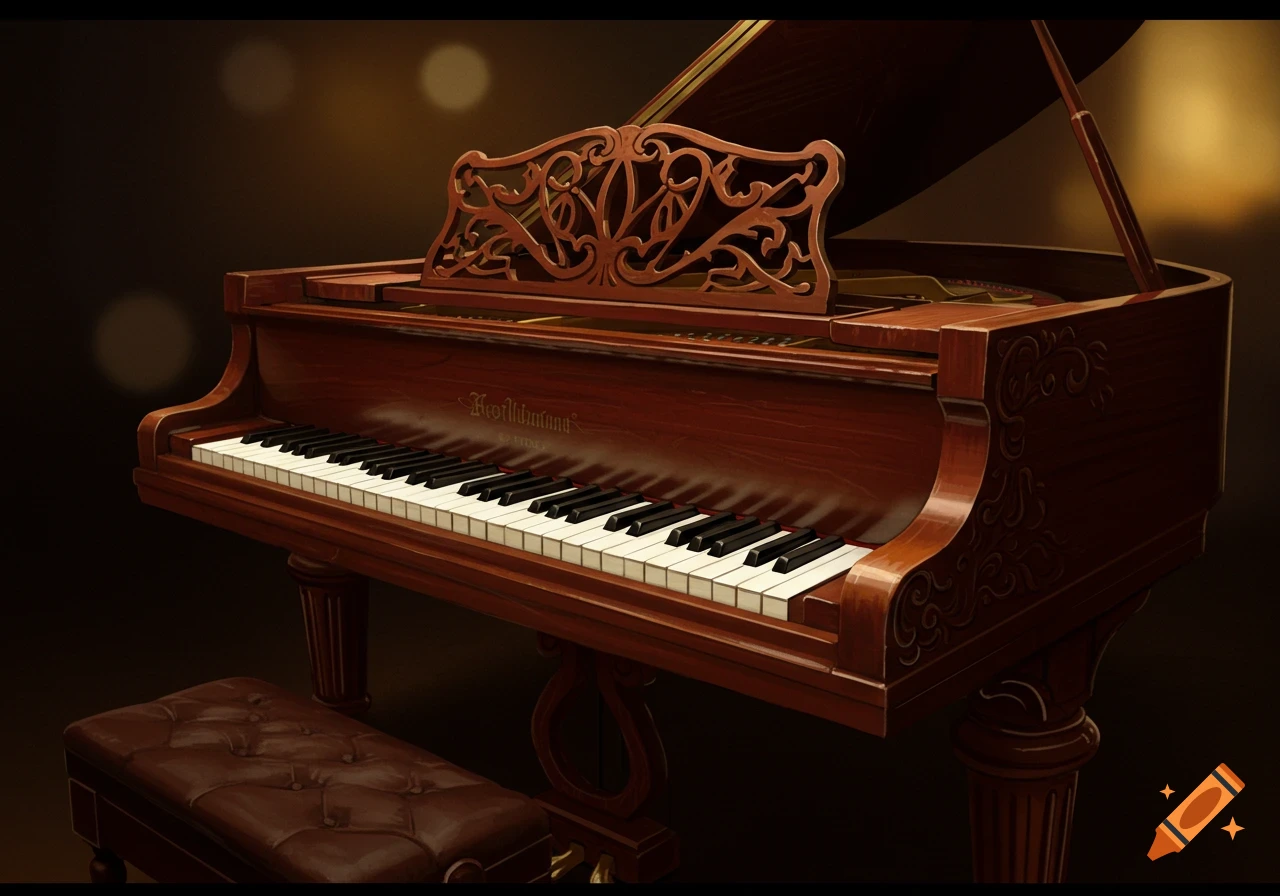 A close-up of a wooden grand piano with a bench.