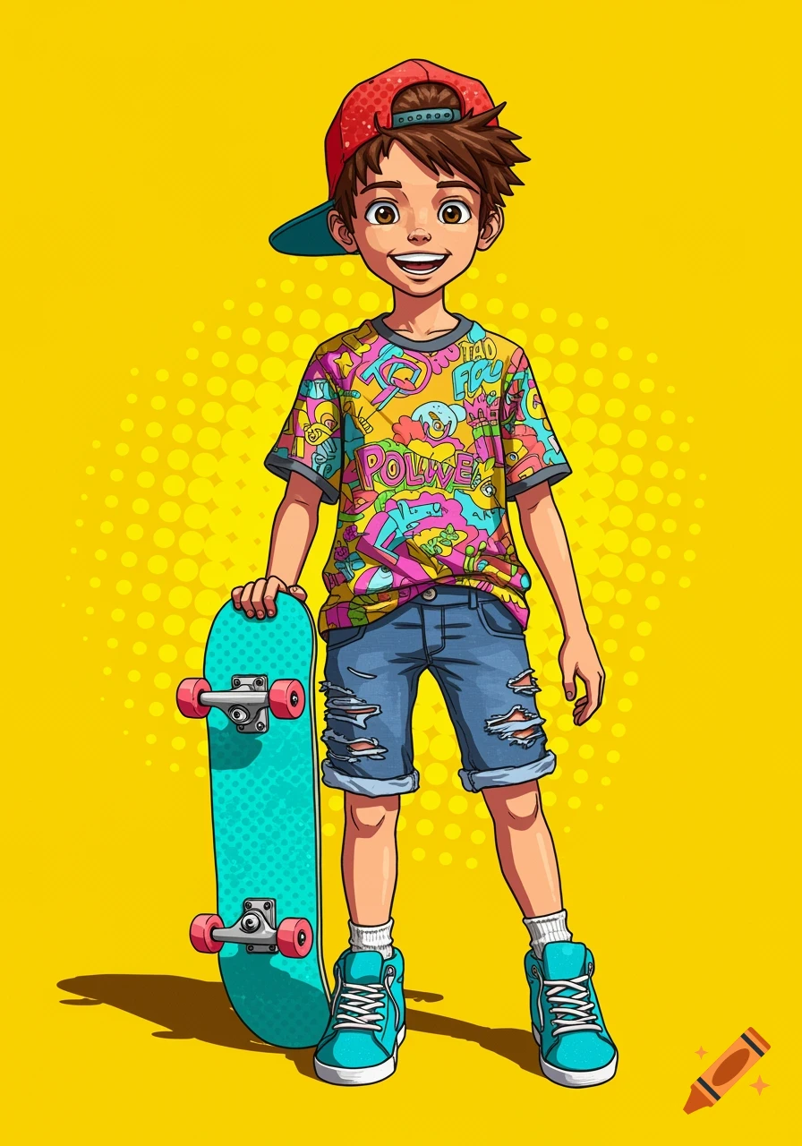 Pop art illustration of a boy holding a skateboard on a yellow background.