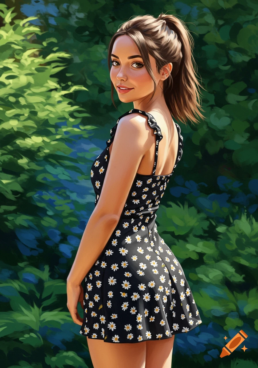 A woman in a black daisy-print dress looking over her shoulder in a garden.