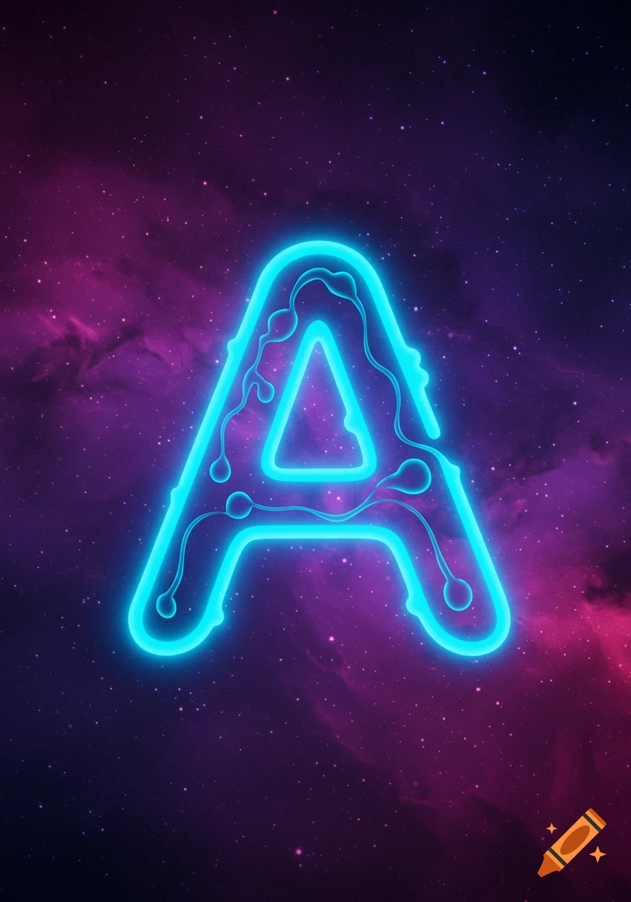 Glowing blue letter A in space with purple nebula.