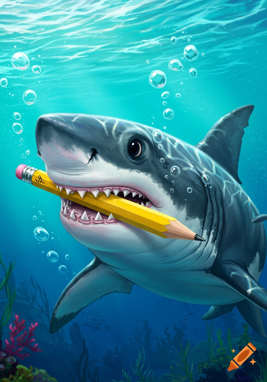 A cartoon shark is swimming underwater and holding a yellow pencil in its mouth.
