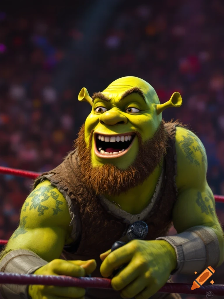 Shrek with a beard in a wrestling ring.
