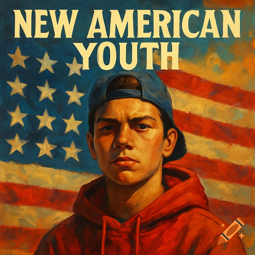 A young person in a hoodie and cap stands in front of an American flag with 'NEW AMERICAN YOUTH' text.