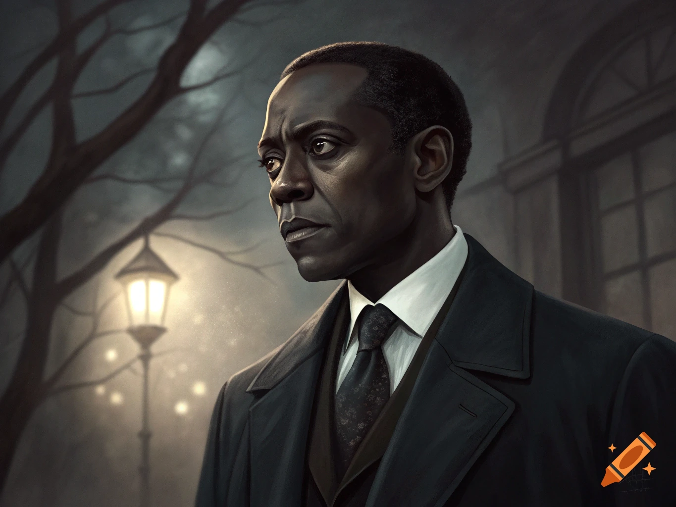 Portrait of a man in a dark suit looking away, standing near a lamppost on a misty night. Illustration.