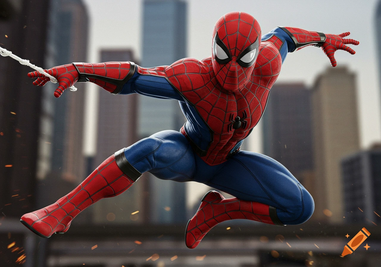 Spider-Man swings through a city in a dynamic pose.