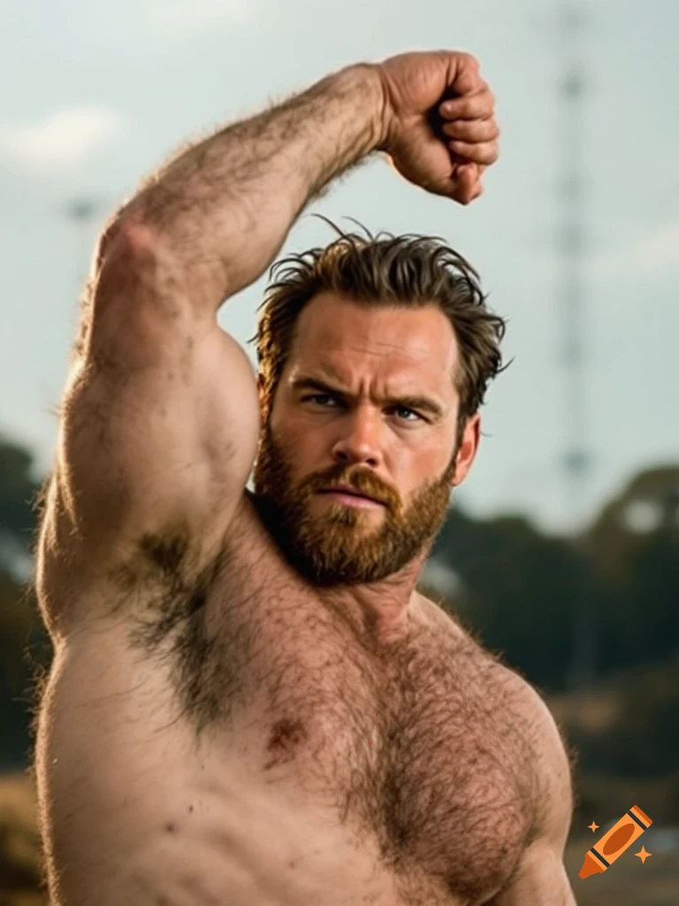 Shirtless man with beard flexing arm, showing hairy armpit