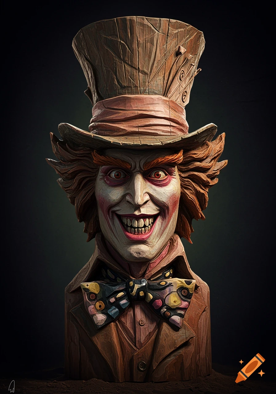 A detailed dark gothic chainsaw carving of the Mad Hatter from Alice in Wonderland.