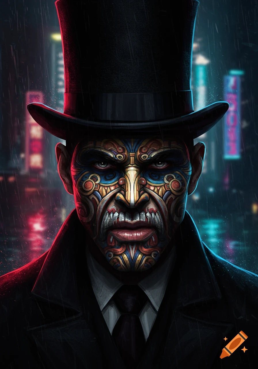 A man with an intricate painted face and top hat stands in a rainy cityscape.