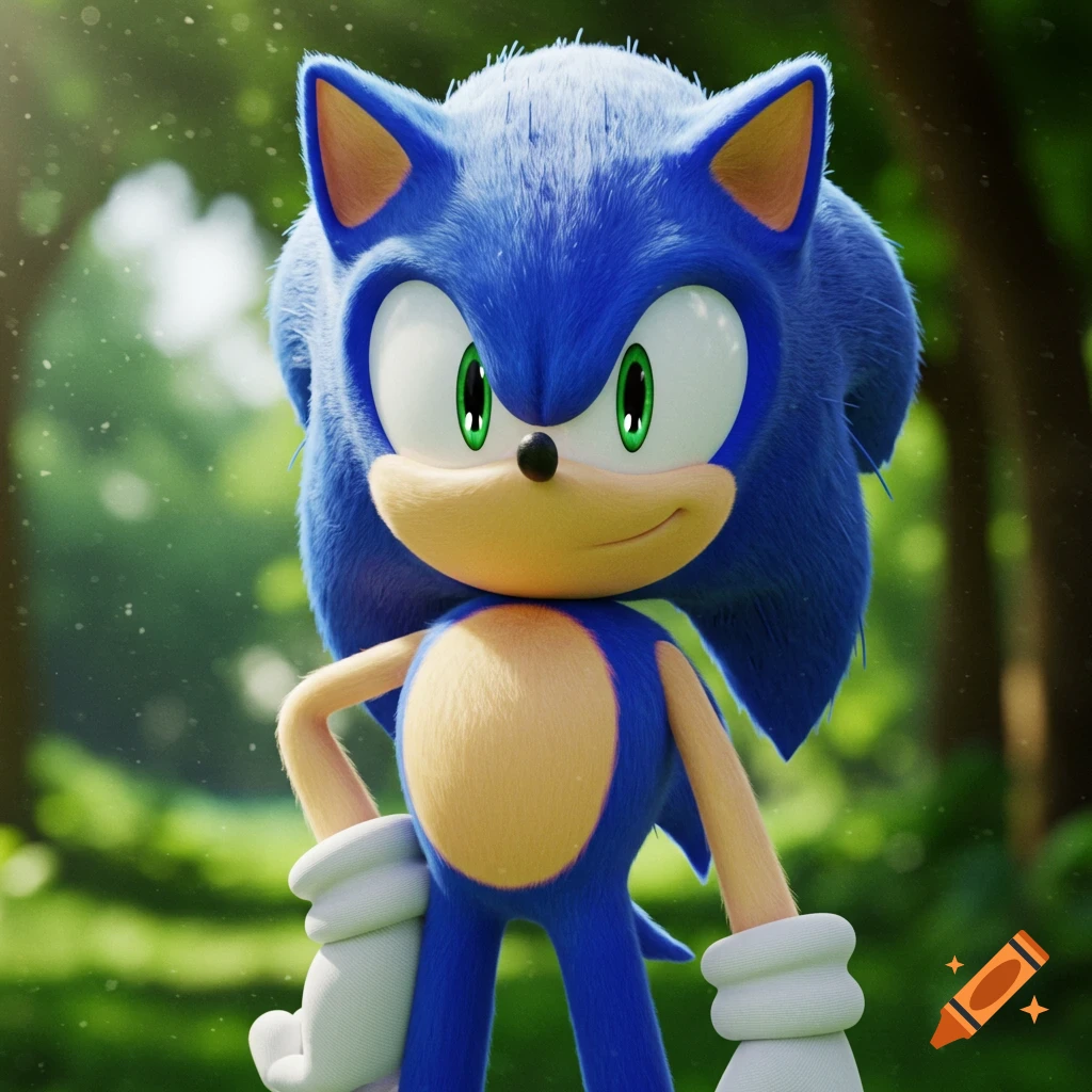 Close-up of Sonic the Hedgehog standing in a forest