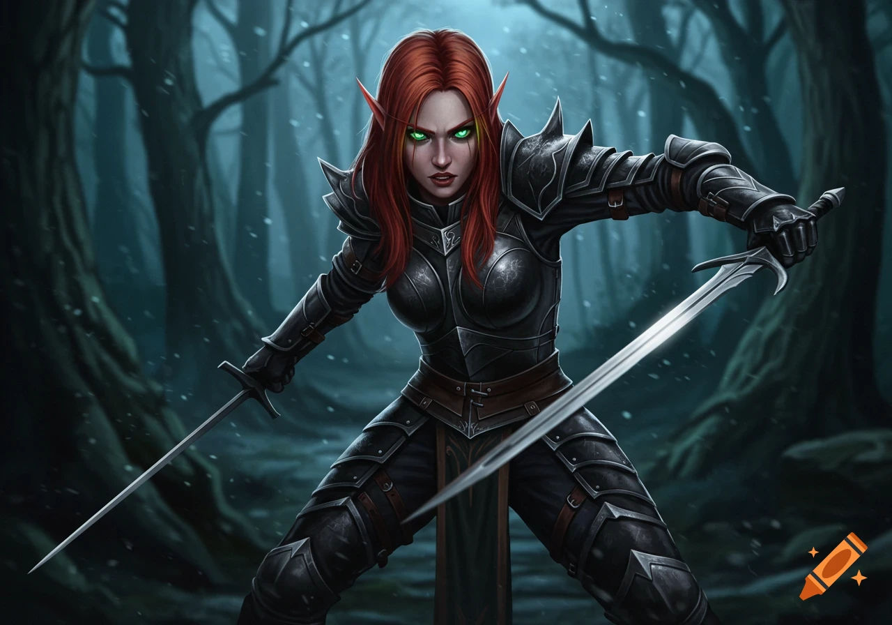 A female elf warrior with red hair and green eyes, wearing black armor and fighting with two swords in a dark forest.